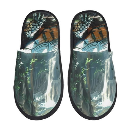 Balery Turtle In Jungle Waterfall Slient Indoor Furry Fleece Comfort House Shoes Soft Non-Slip Home Shoes Cotton slippers House Slippers-- Large