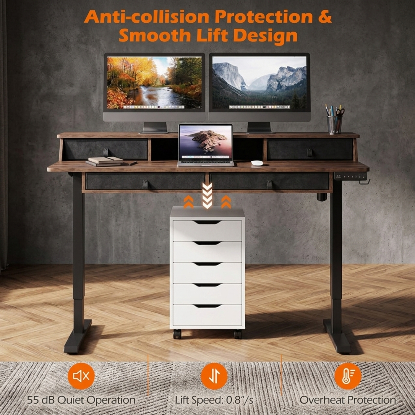 Furnibear 55 x 27 Inch Electric Standing Desk with 4 Drawers Monitor Stand Memory Presets and Cable Management for Home Office, Rustic Brown