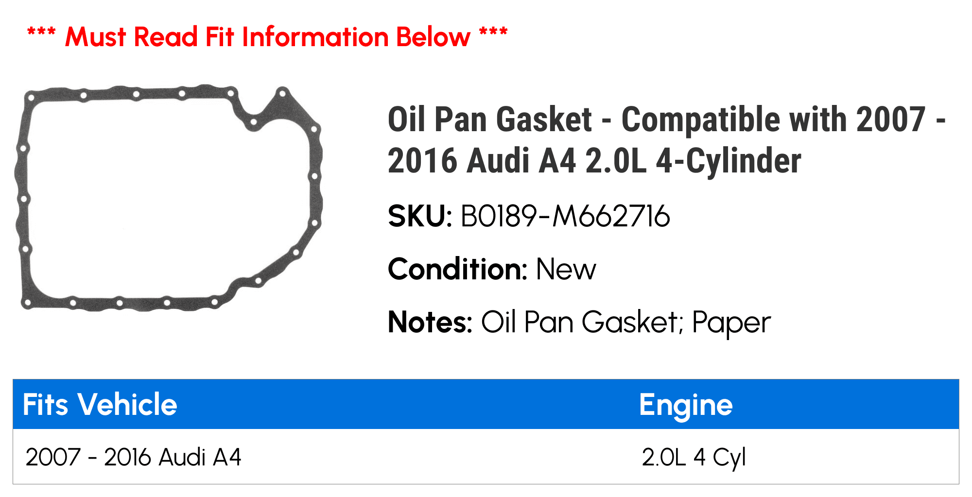 Oil Pan Gasket - Compatible with 2007 - 2016 Audi A4 2.0L 4-Cylinder 2008 2009 2010 2011 2012 2013 2014 2015