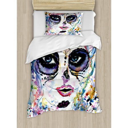 Sugar Skull Duvet Cover Set, Halloween Girl with Sugar Skull Makeup Watercolor Painting Style Creepy Look, Decorative Bedding Set with Pillow Shams, Multicolor, by