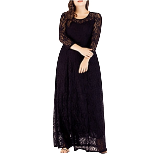 Robe Grande Taille, Robe à Col Rond à Manches Trois-Quarts en Patchwork de Dentelle, Coupe Confort Mode pour Femmes