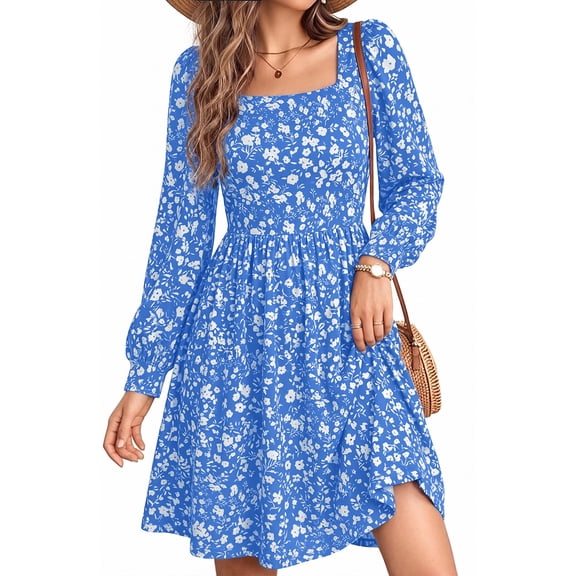 UVN Dresses for Women Fall Long Sleeve Square Neck Dress Boho Floral Print Midi Dresses with Pockets