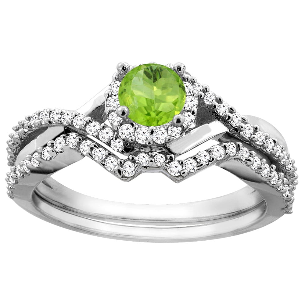 14K White Gold Natural Peridot 2-piece Bridal Ring Set Round 5mm, size ...