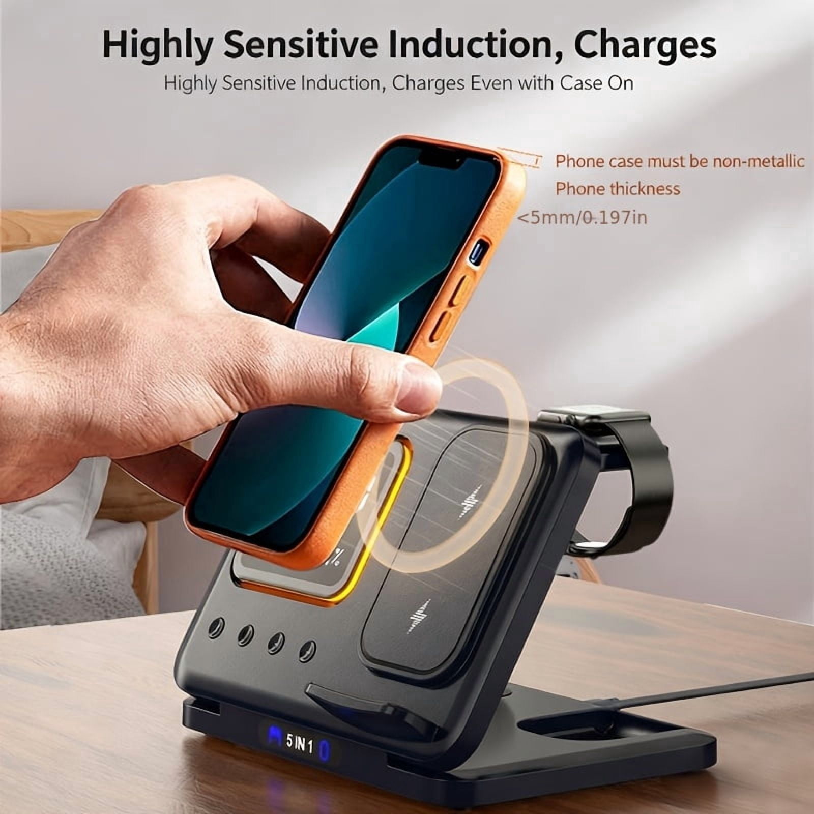 5-In1 Wireless Charging Station Adjustable Night Light, Time And Temperature Display, Ambient Lighting Compatible with Apple Iphones, for Airpods, And Watches Convenient Charging, Smart Experience