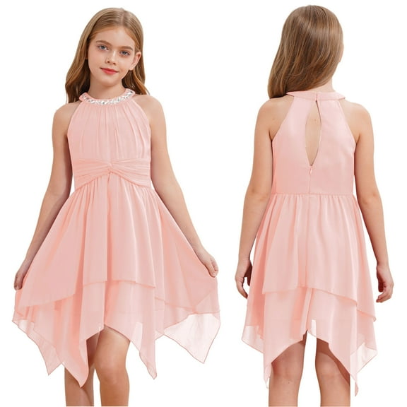 Nyeemya Flower Kids Girls Tulle Princess Dress High Waist Sleeveless Dreamy Dresses Wedding Party Pink 8