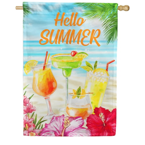 America Forever Hello Summer Drinks House Flag 28 x 40 inches Tropical Beach Palm Leaves Coastal Party Margarita Double Sided Seasonal Yard Outdoor Decorative Happy Hour House Flag