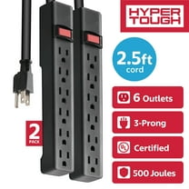 Hyper Tough Surge Protector Power Strip, 6 Outlets, 2.5 ft Extension Cord, Grounded, Black, 2-Pack