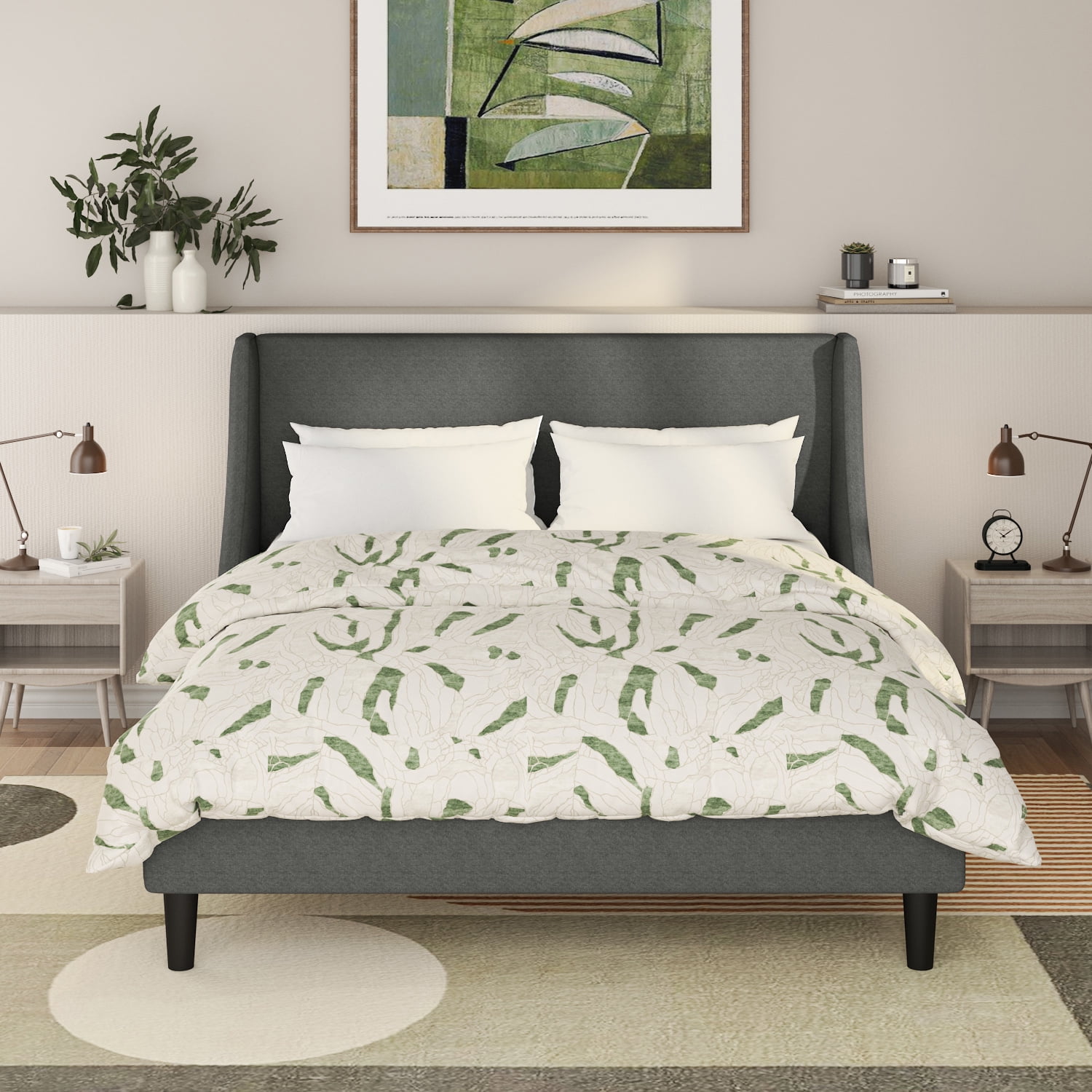 SHA CERLIN Full Upholstered Platform Bed Frame with Wingback Headboard, Grey, Adults
