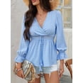 thumbnail image 3 of Women'S Wrap V Neck Puff Long Sleeve Blouse Top Puff Sleeve Ruffle Hem Casual Spring Summer T-Shirt Top Blue M, 3 of 8