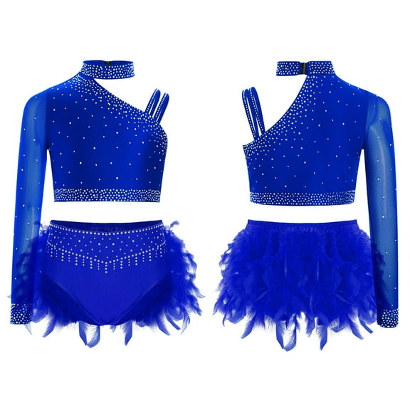LiiYii Kids Girls Shiny Dance Crop Top and Feather Brief Skirt Sparkly 2PCS Jazz Ballet Gym Dancewear Blue 6