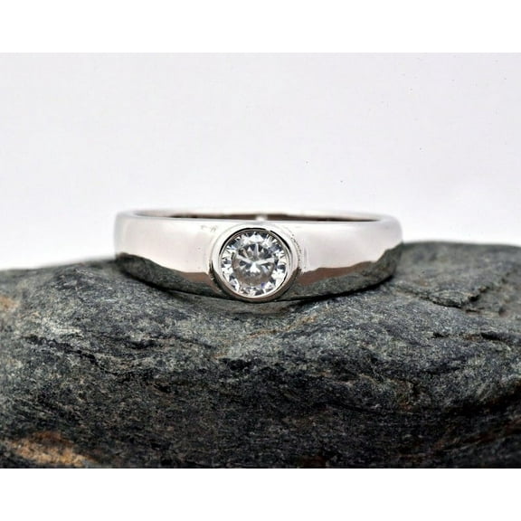 Eclet Jewels 14K White Gold Plated Ring - Bezel Set 1 Ct Round Cut Lab Created Diamond Ring - Men's Wedding Solitaire Diamond Ring for Gift - Men's Anniversary Ring - Causal Office Wear Ring