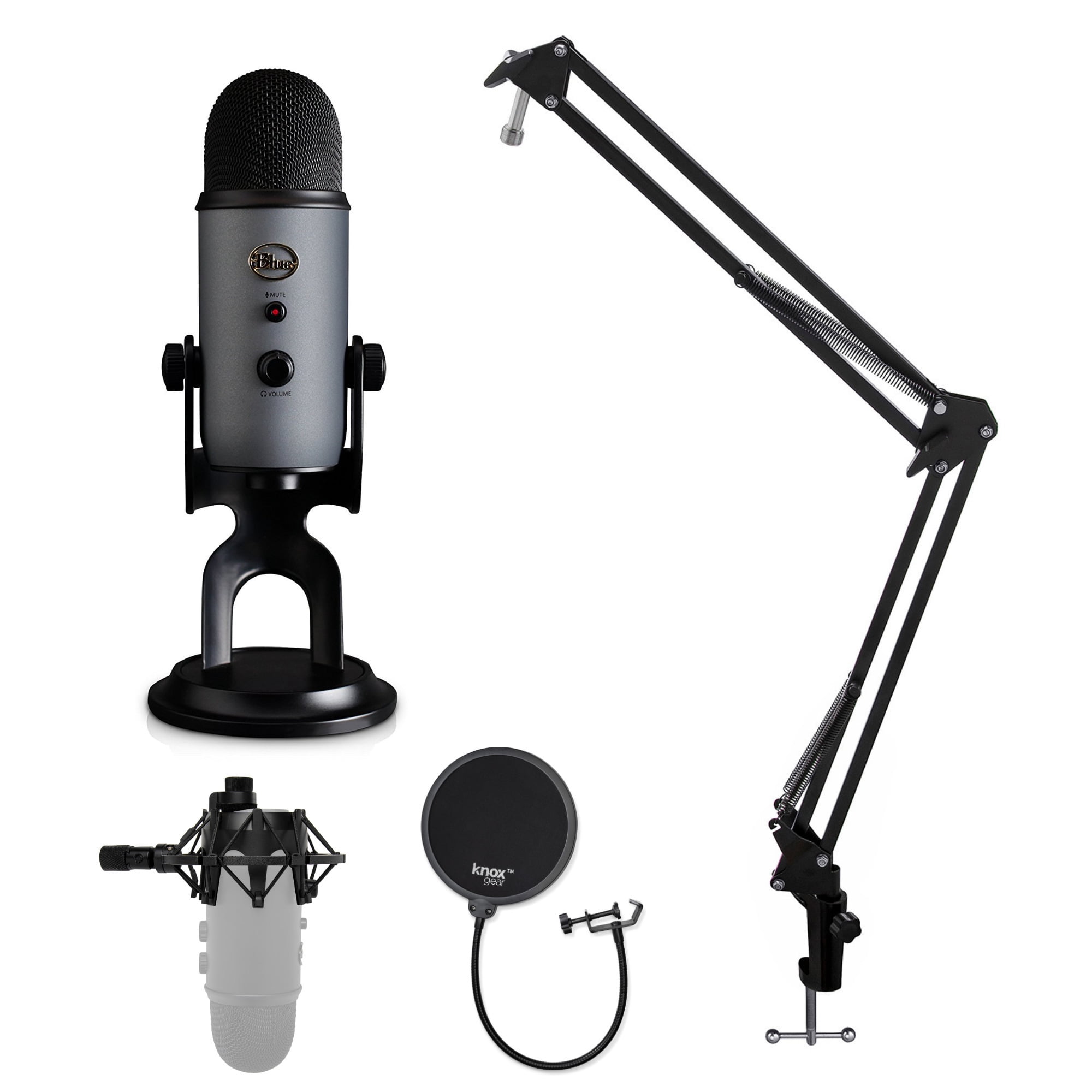 Blue Yeti USB Microphone with Knox Shock Mount, Stand and Pop Filter