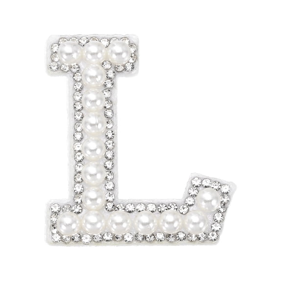 Uxcell Iron on Pearl Letter L Patches, Pearl Rhinestone A-Z Alphabet Self Adhesive Sew on Patches, Glitter Letter Applique for Clothes Fabric DIY Backpack, White
