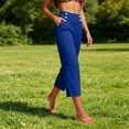 thumbnail image 5 of Nhthy Women's High Waist Linen Blend 7/8 Capri Pants, Elastic Waist Button Detail, Loose Comfort Fit Casual Cropped Trousers for Summer Beach Daily Blue M, 5 of 7