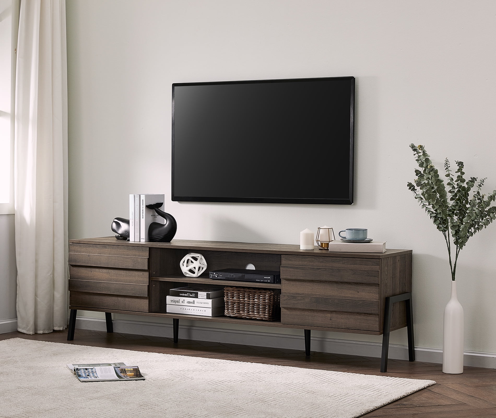 Midcentury TV Stand with Metal Legs and Storages for 75 inch TV, Brown