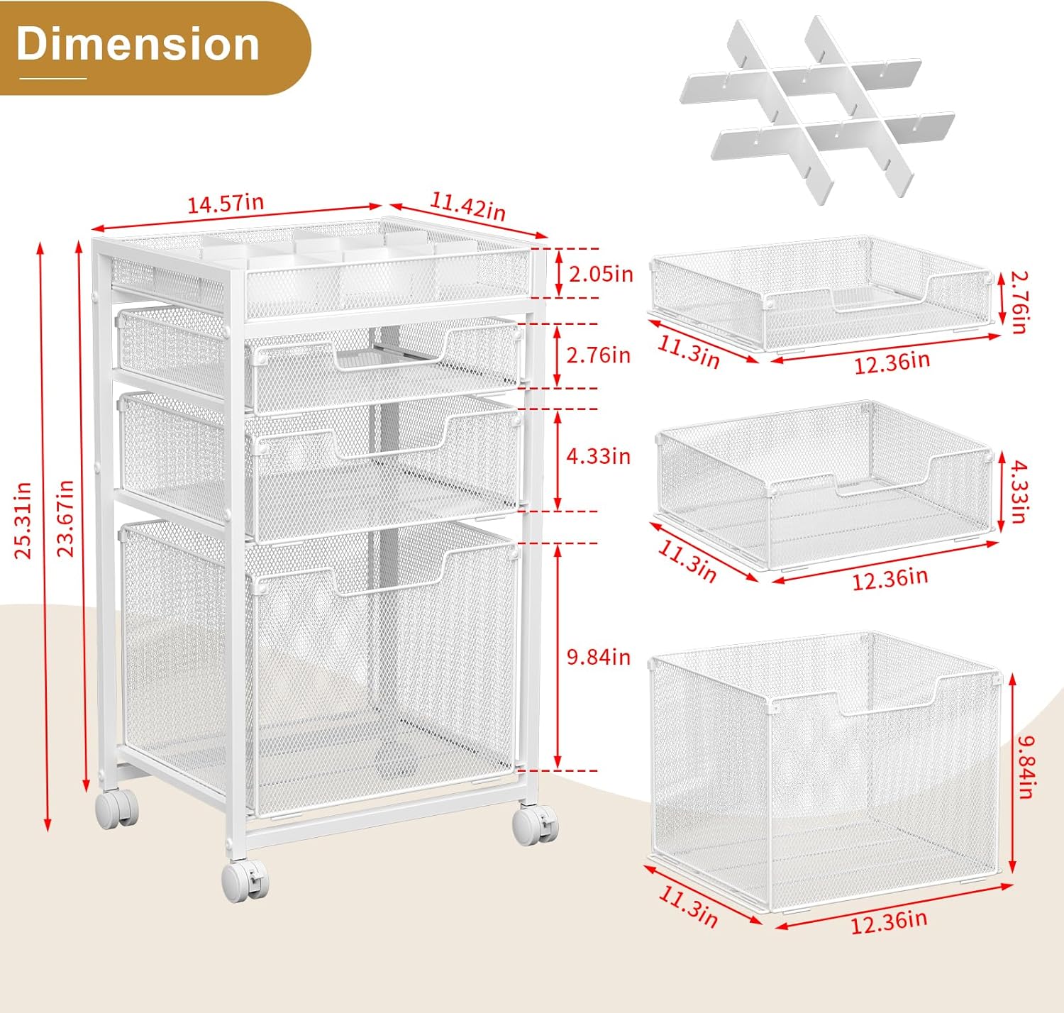 Rolling File Cart with 3 Storage Drawers, Under Desk Filing Cabinet with DIY Divider, Hanging File Folder Organizer on Wheels, Fits A4/Letter Size, Metal Utility Cart for Home Office