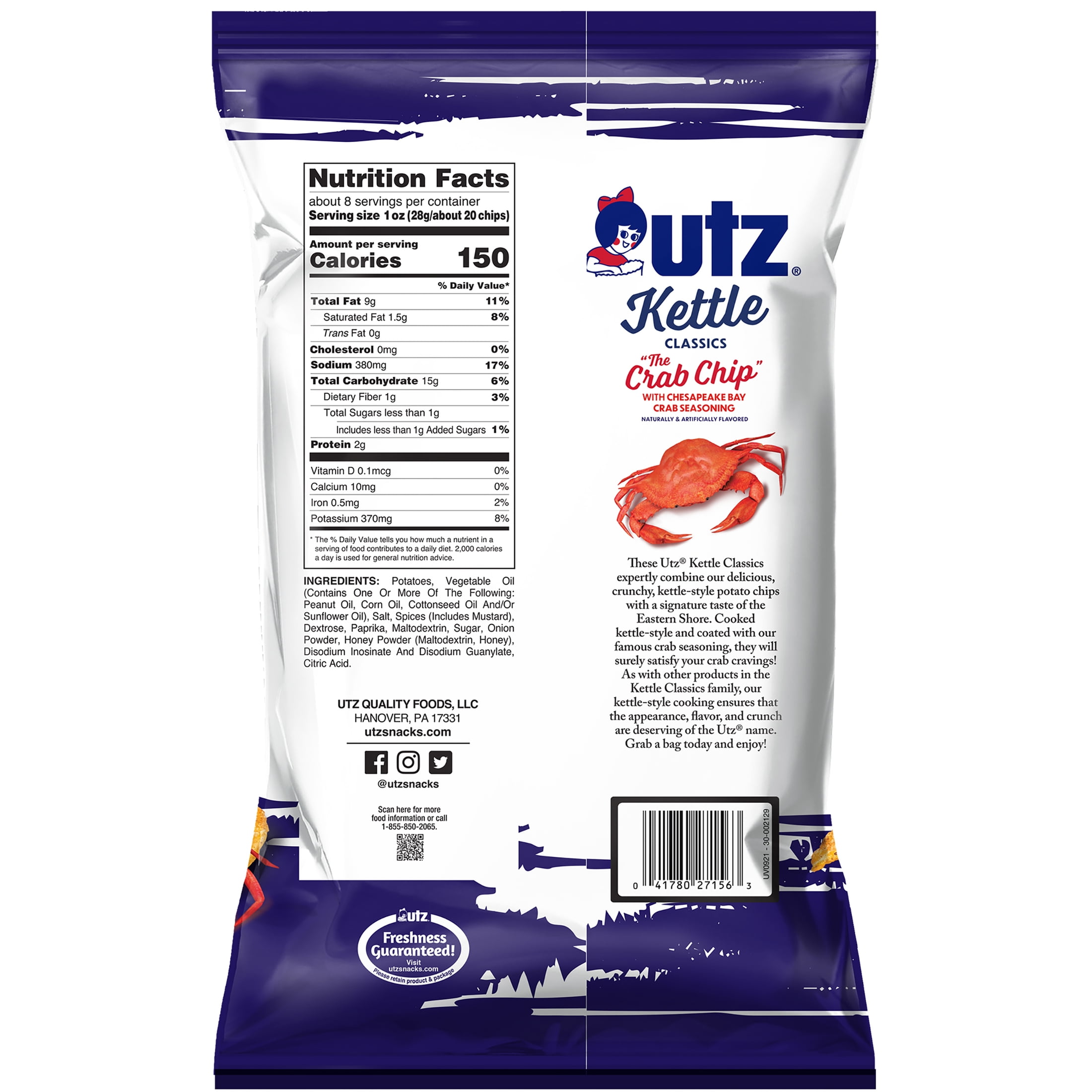 Utz Kettle Classics The Crab Chip Potato Chips, Gluten-Free, 7.5 oz Bag