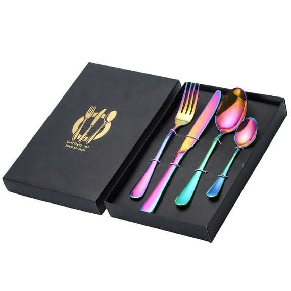 Kitchen Utensil Stainless Steel Cutlery Set 4 Pieces - 2 Spoons, Forks and Knife , Mirror Finish Dishwasher Safe (iridescent)