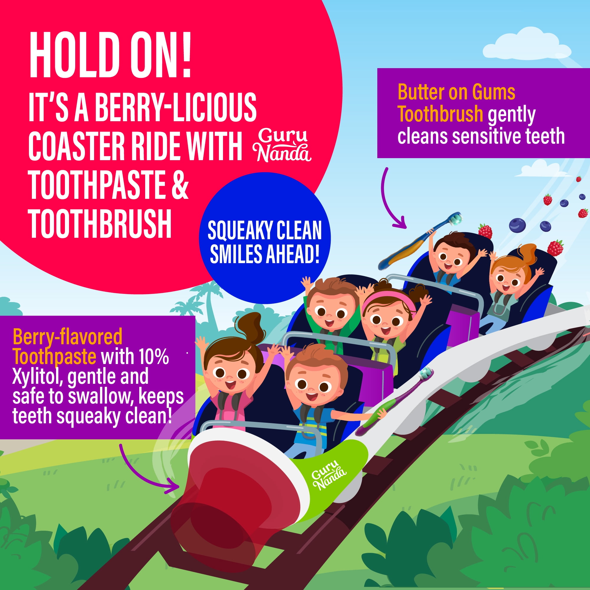 GuruNanda Kids Oral Care Regimen Kit with Toothpaste, Butter On Gums Toothbrush, Oil Pulling Mouthwash, Giraffe Floss Picks, Water Flosser & Tongue Scrapers