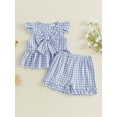 thumbnail image 2 of Loicainy Toddler Baby Girl Summer Outfits 6 12 18 24 Months 2T 3T 4T Plaid Bowknot Front Fly Sleeve Crew Neck Tops Elastic Waist Shorts 2Pcs Clothes Set, 2 of 9
