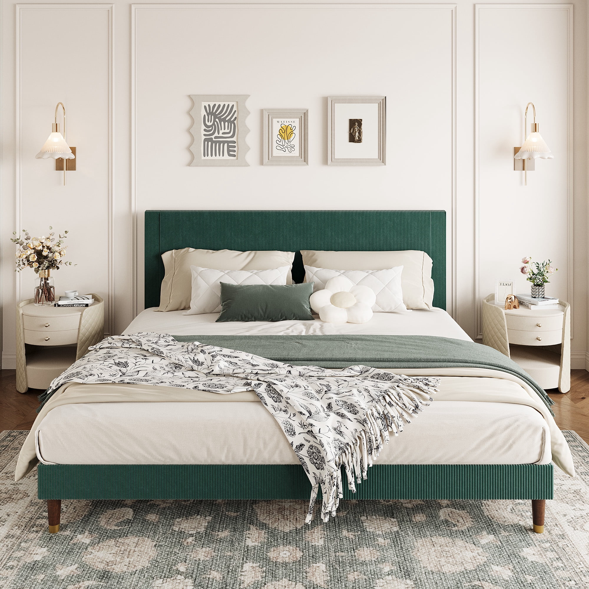 Twin/Full/Queen/King Bed Frame with Headboard, Corduroy Upholstered Platform Bed with Wooden Slats Support - No Box Spring Needed & Noise Free, Easy Assembly, for Bedroom Apartment