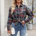 thumbnail image 3 of Women Plaid Shacket Jacket Trendy Fall Casual Button Wool Tartan Trench Coat Winter Clothing with Pockets Navy,L, 3 of 6