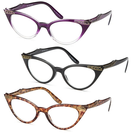 GAMMA RAY READERS 3 Pairs Ladies' Vintage Cat Eye Readers Quality Reading Glasses for Women - With +1.00