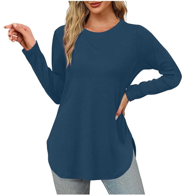 Yuyuzo Hauts pour Femmes Col Rond Manches Longues Fente Latérale Couleur Unie Tunique Décontractée Basique Automne