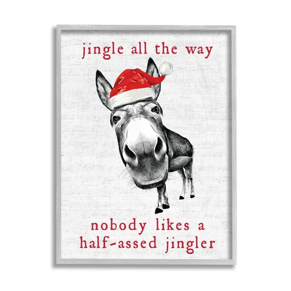Stupell Industries Jingle All the Way Quote Sassy Christmas Donkey Holiday Painting Gray Framed Art Print Wall Art, 11 x 14