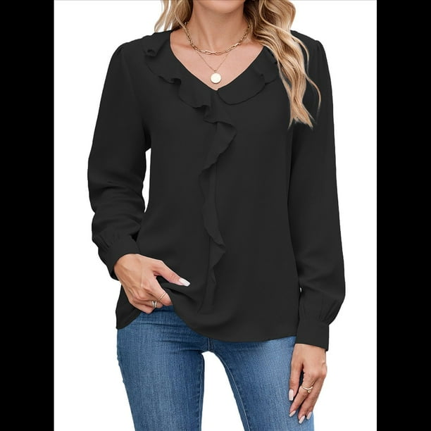 Blusa Informal Elegante para Mujer, de Larga, con Cuello en V y Volantes, para el Trabajo, 2025 Negro XL