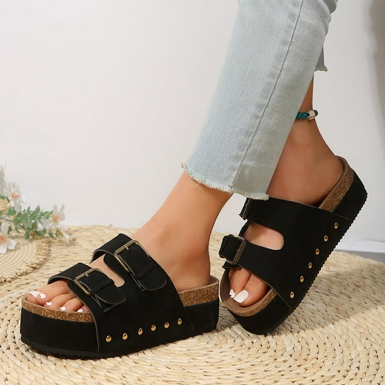 Footbed Sandals for Women Double Strap Sandals with Suede Footbed