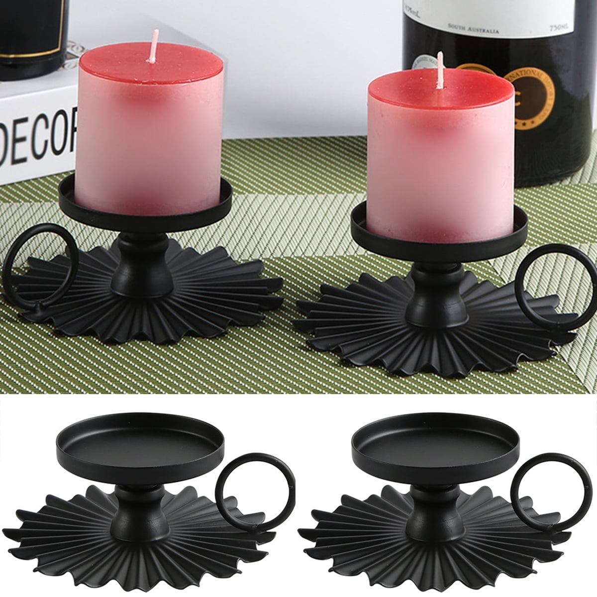 Cheer US 2Pcs/Set Black Iron Plate Candle Holder, Decorative Iron
