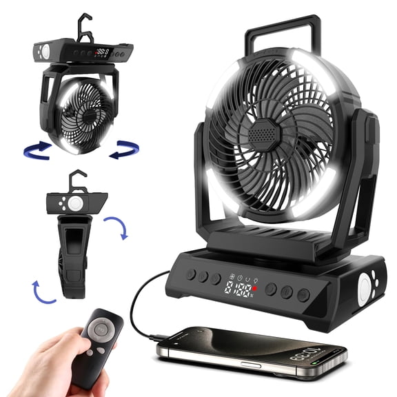 RoamRider Camping Fan with Lights, 20000mAh Rechargeable Portable Table Fan with Remote & Hook Automatic Oscillation and Timer for Camping Travel