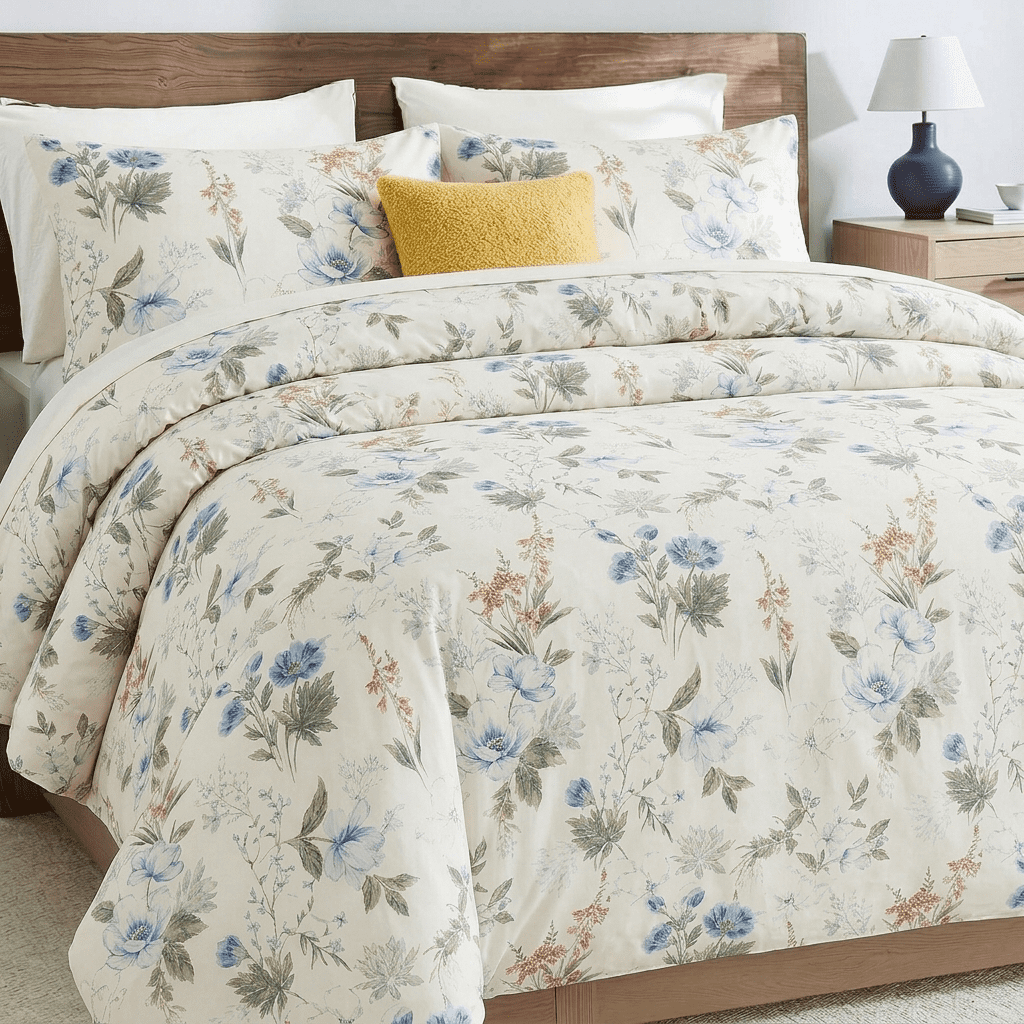 Move Over Blue Floral Duvet Cover Set Queen Size 3 Pieces Reversiable Cotton Bedding Set Pink and Green Garden Flower Comforter Cover Set for All Seasons