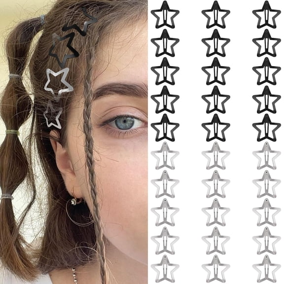 BZCOE Star Hair Clips 2000S Y2K Hair Accessories-30 Pcs 1.18"-Black Silver | Snap Hair Barrettes Non Slip Star Metal Hair Clips for Girls Women Star Clips