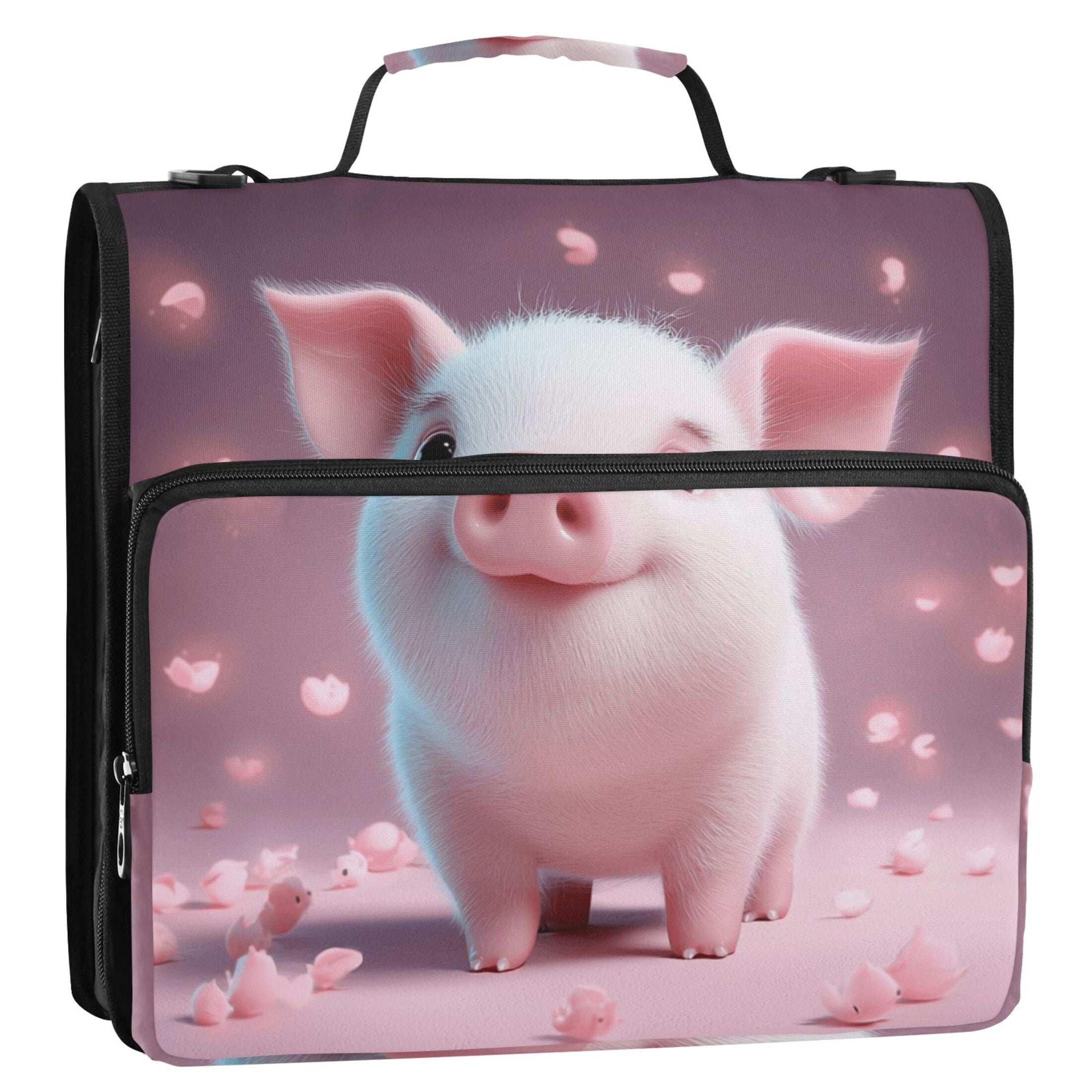 3 Ring Zipper Binder with Shoulder Strap Waterproof Trapper Keeper 2 Inch D-Ring 500 Sheets Capacity Cute Pig and Petals