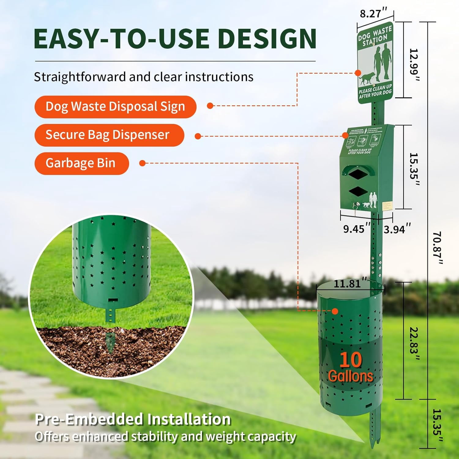 Metateel Dog Waste Station - Dog Poop Trash Can Outside with 10-Gallon Capacity, Poop Bag Dispenser, and Convenient Lid, Pet Waste Station for Easy Clean-Up in Parks, Yards, and Public Spaces