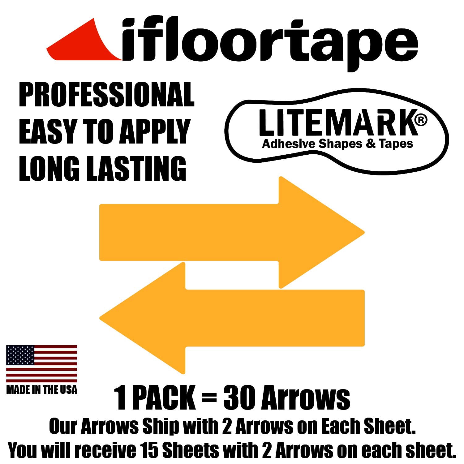 Large Removable Arrow Decals, 12 Inch Golden Yellow Traffic Direction Stickers, Temporary Floor Wall Safety Markers, 30 Pack