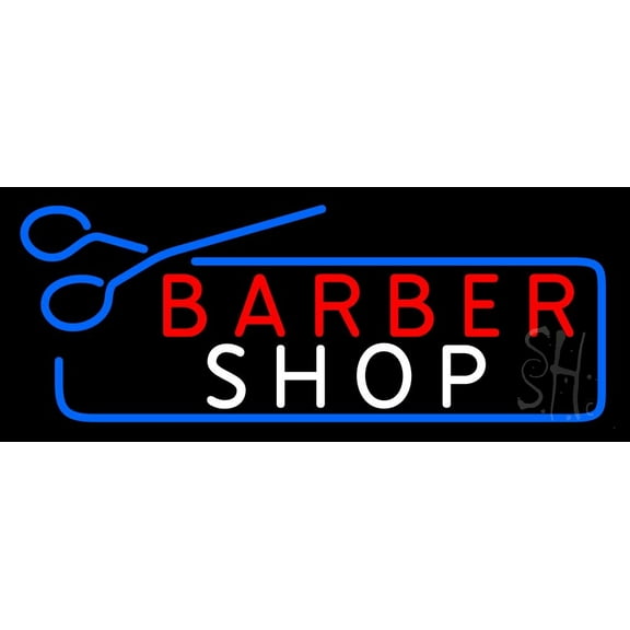 Barber Shop With Scissor LED Neon Sign 13 x 32 - inches, Black Square Cut Acrylic Backing, with Dimmer - Bright and Premium built indoor LED Neon Sign for Defence Force.