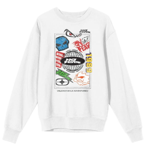 No Fear Unleash Bold Adventures Multi Sticker Adult White Crew Neck Long Sleeve Sweatshirt-Medium