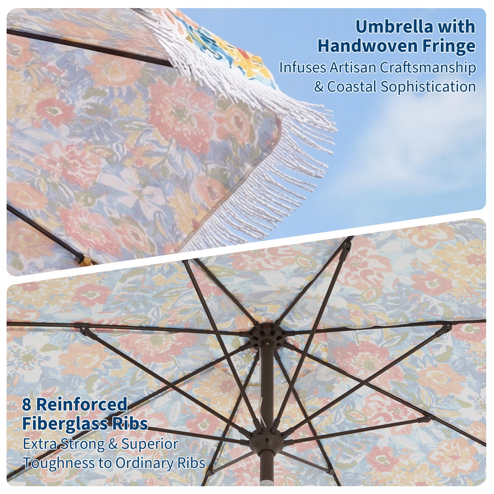 Memoryfield 9FT Fringe Patio Umbrella, UV50+ Sun Protection Outdoor Tassels Beach Umbrella for Garden Pool Backyard, Flower