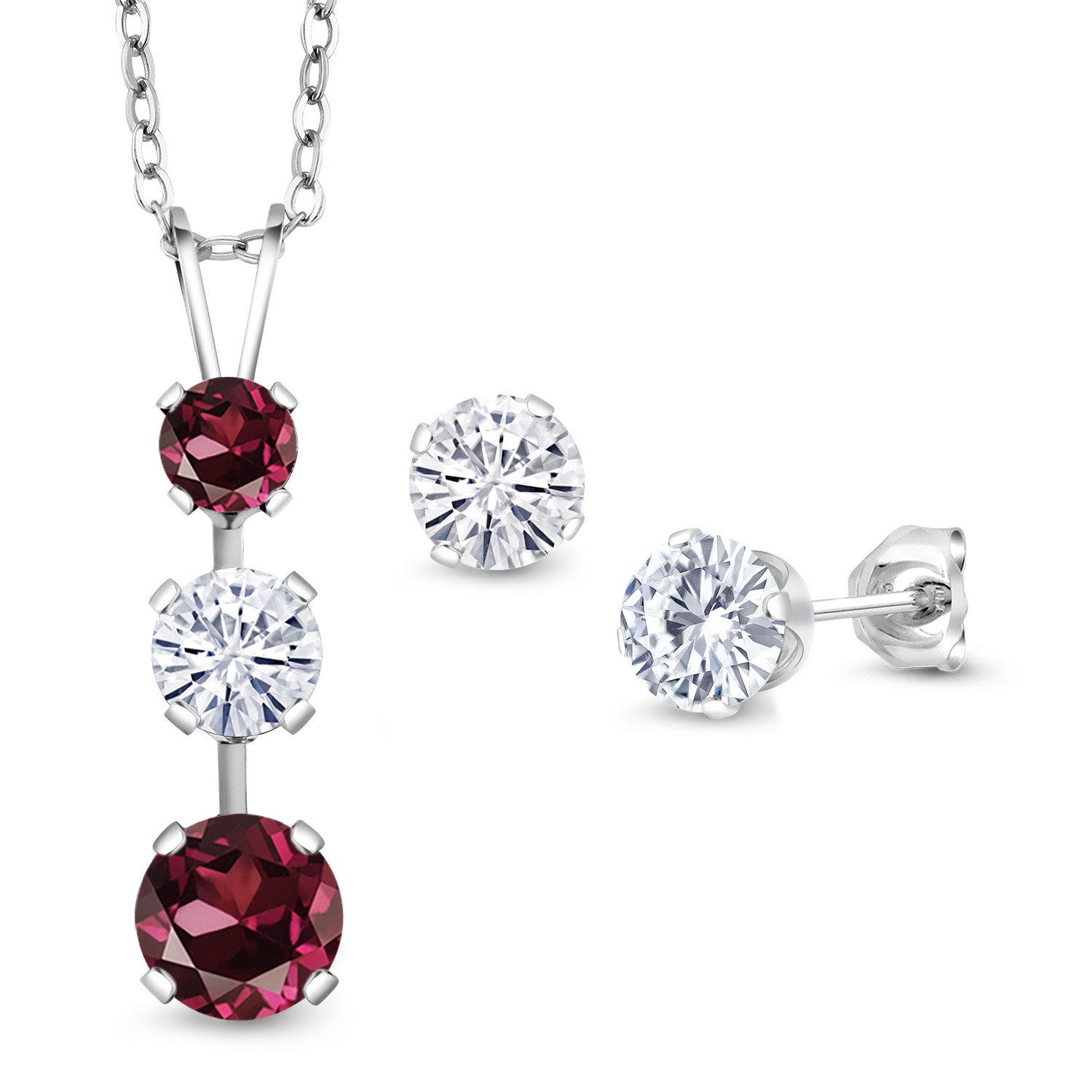 Gem Stone King 925 Sterling Silver Red Rhodolite Garnet and White Moissanite Pendant and Earrings Jewelry Set for Women (2.87 Cttw, Gemstone January Birthstone, with 18 inch Chain)