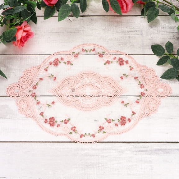 3 Pcs Lace Placemats, 17.3x6.8Inches Vintage Table Doilies Oval Embroidered Crochet Lace Dolly Cup Mat for Table Vase Home Decor, Pink