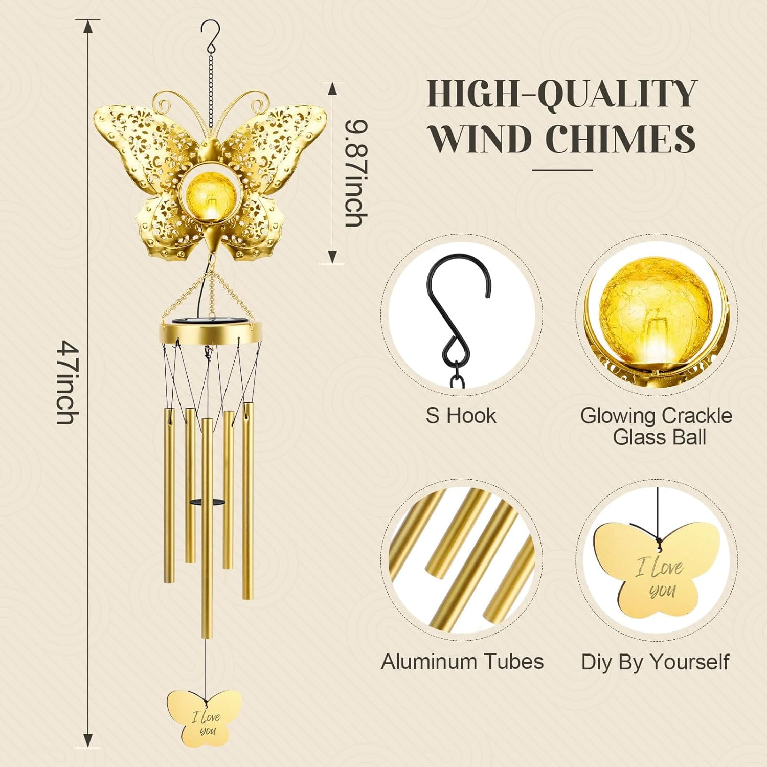 JYPS Butterfly Solar Wind Chimes with Crackle Glass Ball, 42-Inch Large Waterproof Outdoor Garden Decor for Patio Yard, Unique Gifts for Women Mom Grandma, Mother's Day Birthday Easy-Install Design
