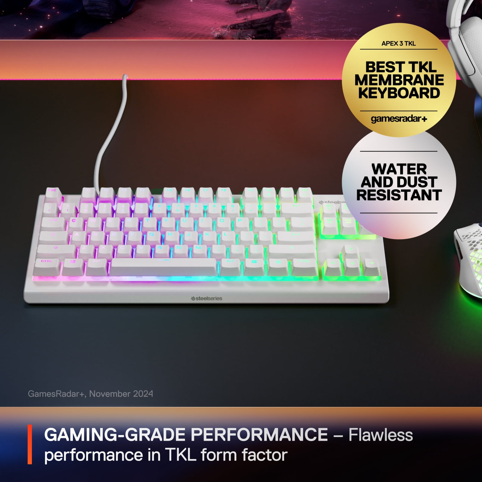 SteelSeries Apex 3 TKL RGB Wired Gaming Keyboard — Water and Dust Resistant — Whisper-Quiet Gaming Switch, White