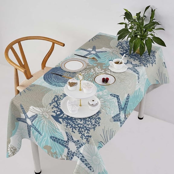 Ocean Starfish Tablecloth, Nautical Coastal Beach Algae Corals and Seashells Print Table Cover for Home Dining Room Kitchen Decor, Rectangle(60x102in)
