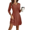 thumbnail image 1 of Robe Courte en Tricot Côtelé à Manches Longues pour Femmes Automne Hiver à Col en V Décontractée Évasée Ligne A Robe Chandail Rouge Brique S, 1 of 7