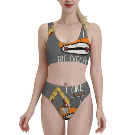 Bixox I Like Big Digger Pattern Two-Piece Sports Bikini with U-Shaped Top and High-Waist Bottom - Women s Swimwear with Removable Bra Pads