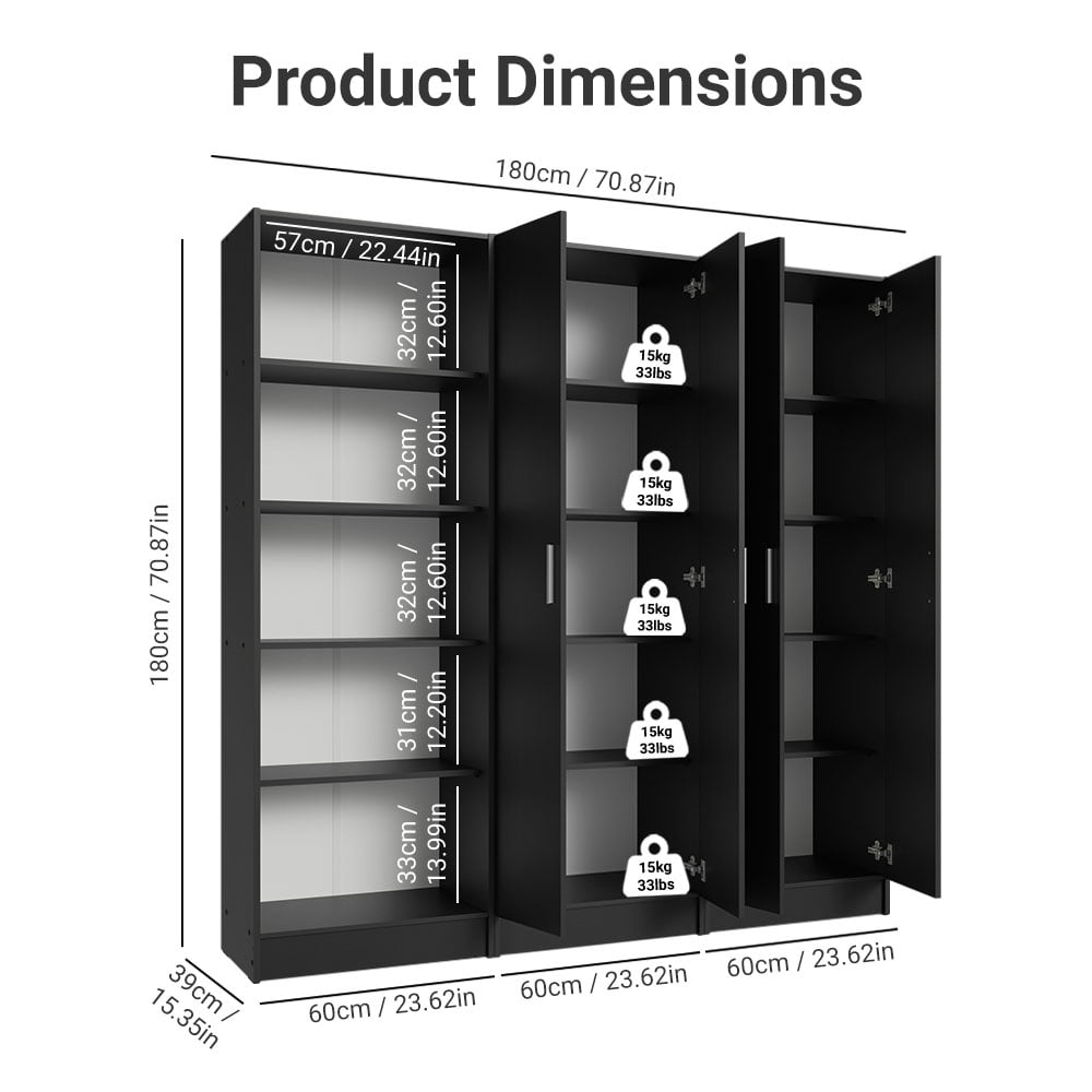Madesa Kitchen Set 3 Pantry Storage Cabinet with 15 Utility Shelves 71"L Wooden Organization Unit for Kitchen - Black
