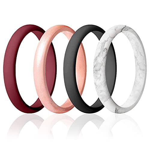 ROQ Silicone Wedding Ring for Women White-Rose Gold Marble White-Black Marble Size 10 Set of 4 Silicone Rubber Wedding Bands
